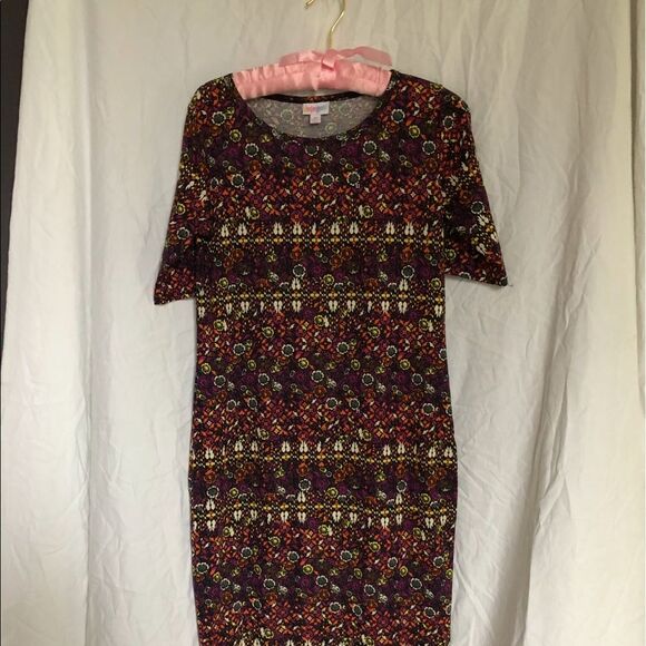 Julia Dress Medium Multicolor Geometric Print Knit Bodycon Midi Work Casual - Picture 2 of 2